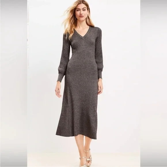 LOFT Dresses & Skirts - LOFT Women Sparkle Jersey Knit Maxi Dress XL Brown Rib Knit Holiday Party Stretc